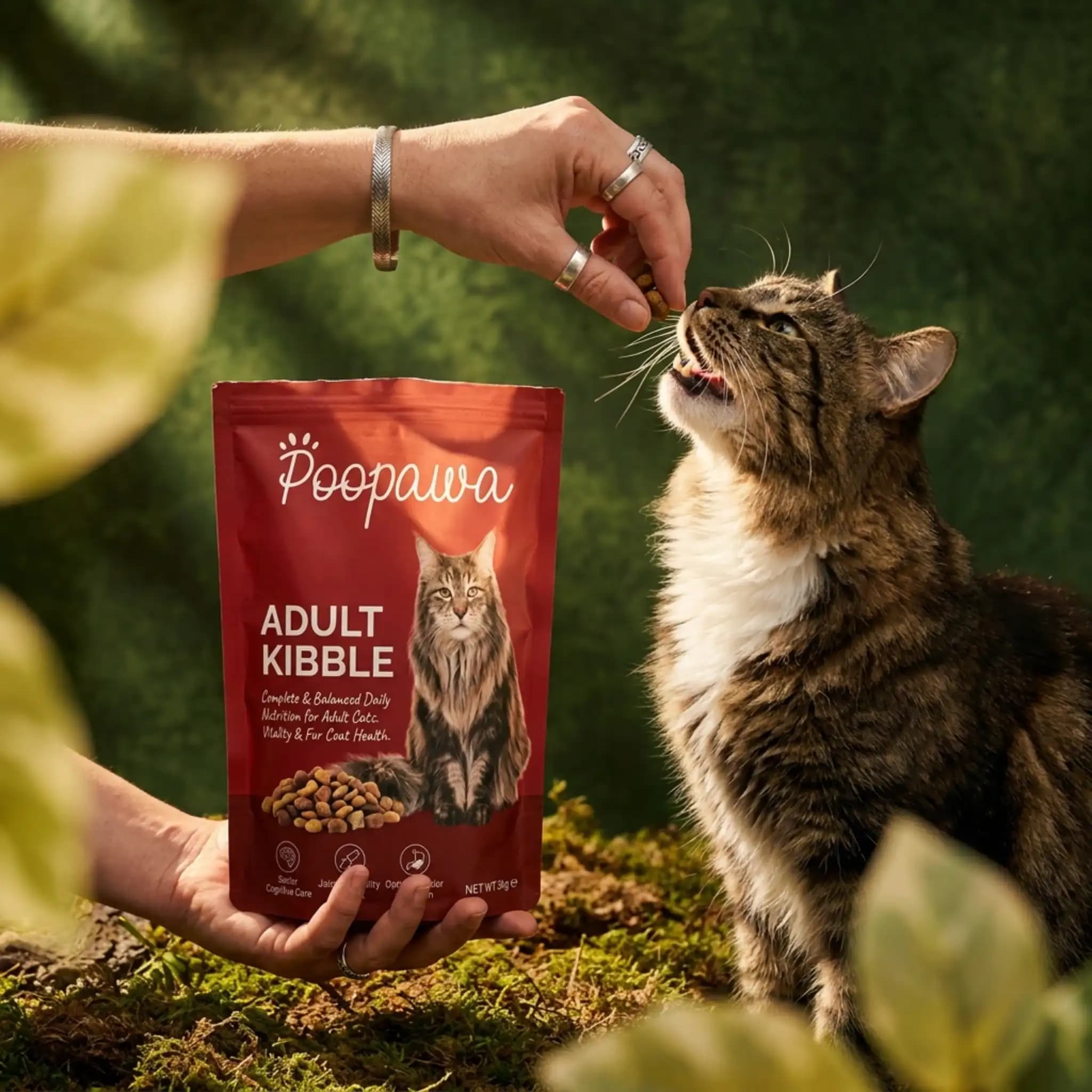 Mačka ochutnáva Poopawa granule v záhrade / A cat tasting Poopawa kibble outdoors