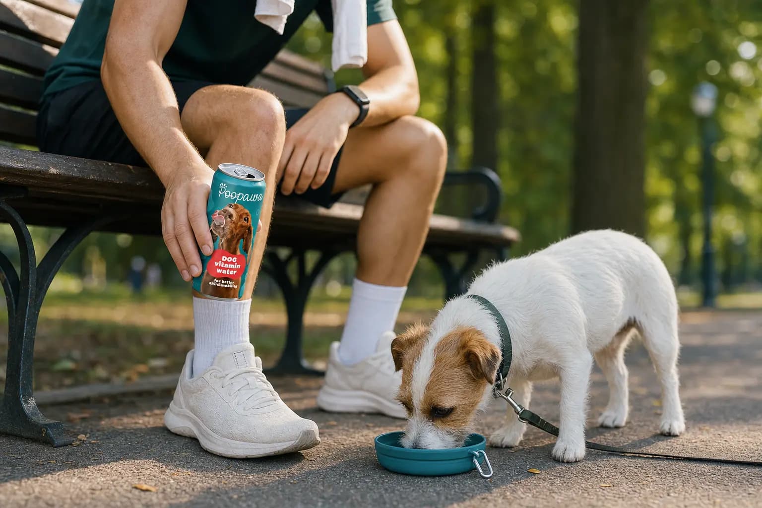 Pes pije Vitamin Water zo skladacej misky v parku